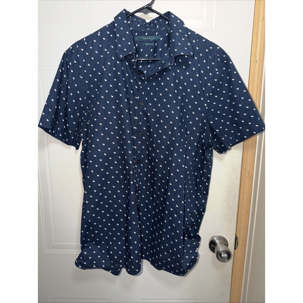 Perry Ellis Large Slim Fit Blue Short Sleeve Button Front Shirt 98% Cotton